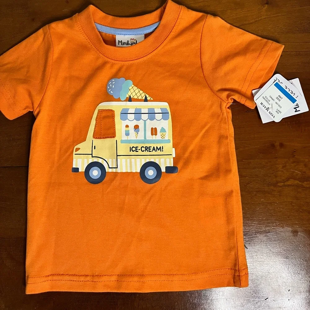 Minibamba 2 pc boys size 24 month shorts & orange shirt with ice cream truck NWT